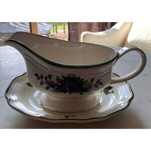 Mikasa Festive Season EB 451 Gravy Boat W/ Stand Jingle Bell Holly